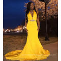 African Yellow Satin Deep V Neck Long Beaded Women Party Sexy Evening Dress